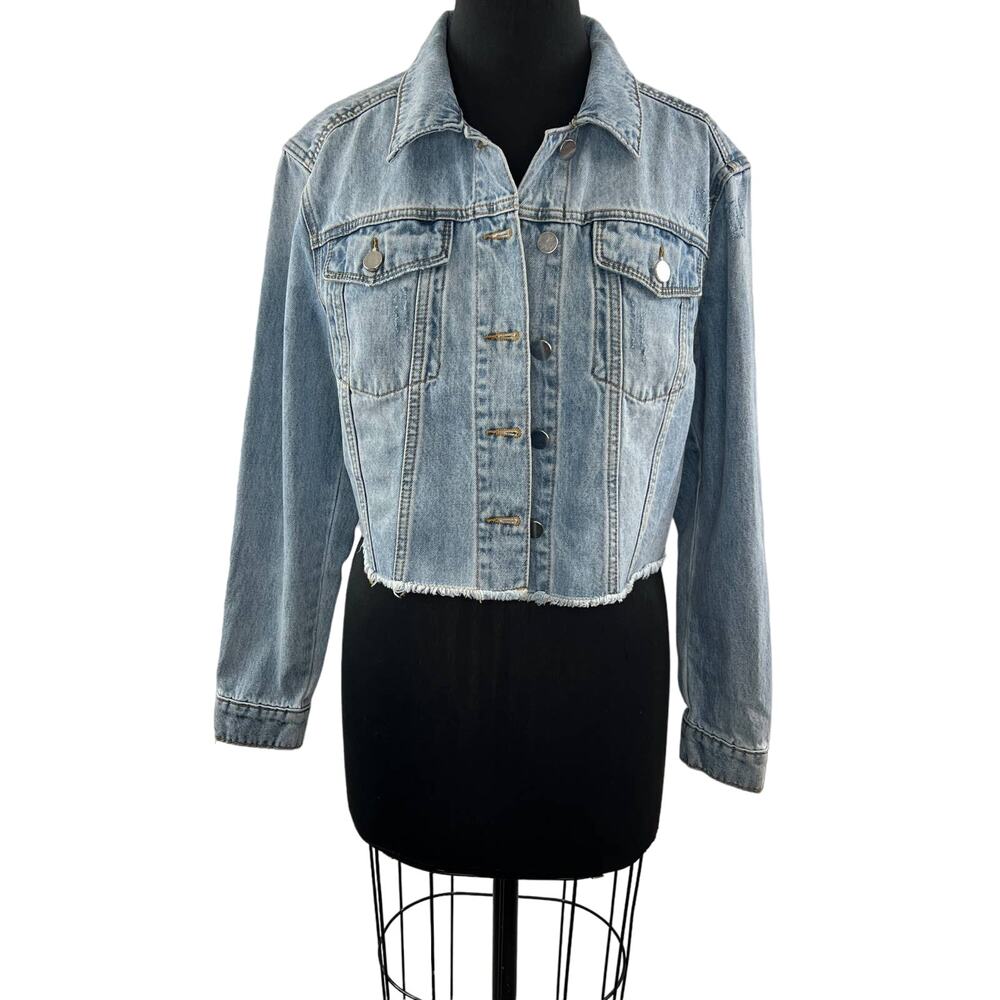 BP CLAUDIA SULEWSKI Blue Long Sleeve Button Cropped Raw Hem Denim Jean Jacket M